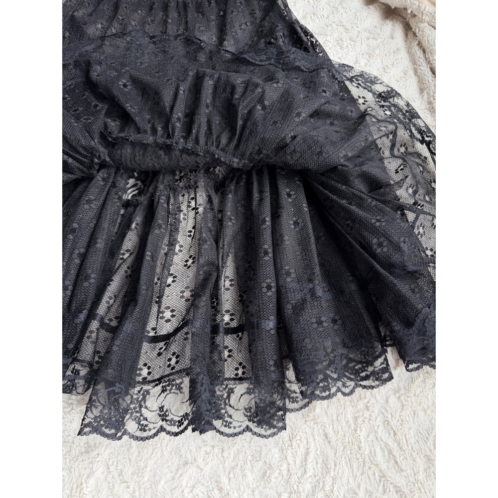 Vintage Black Sheer Patchwork Lace Tiered Midi Skirt Scalloped Hem Paris France - Picture 9 of 11